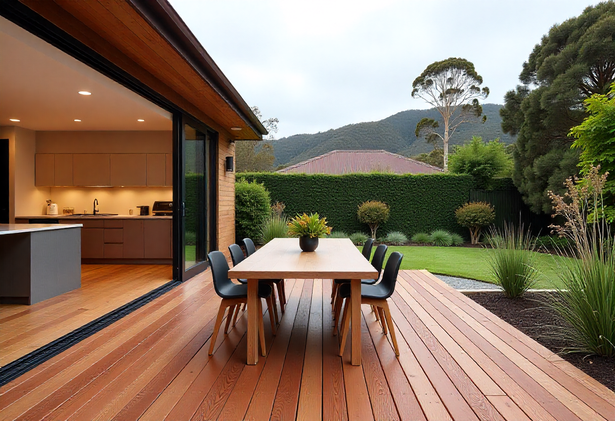 Wide angle photograph of timber Deck Extension Hobart home