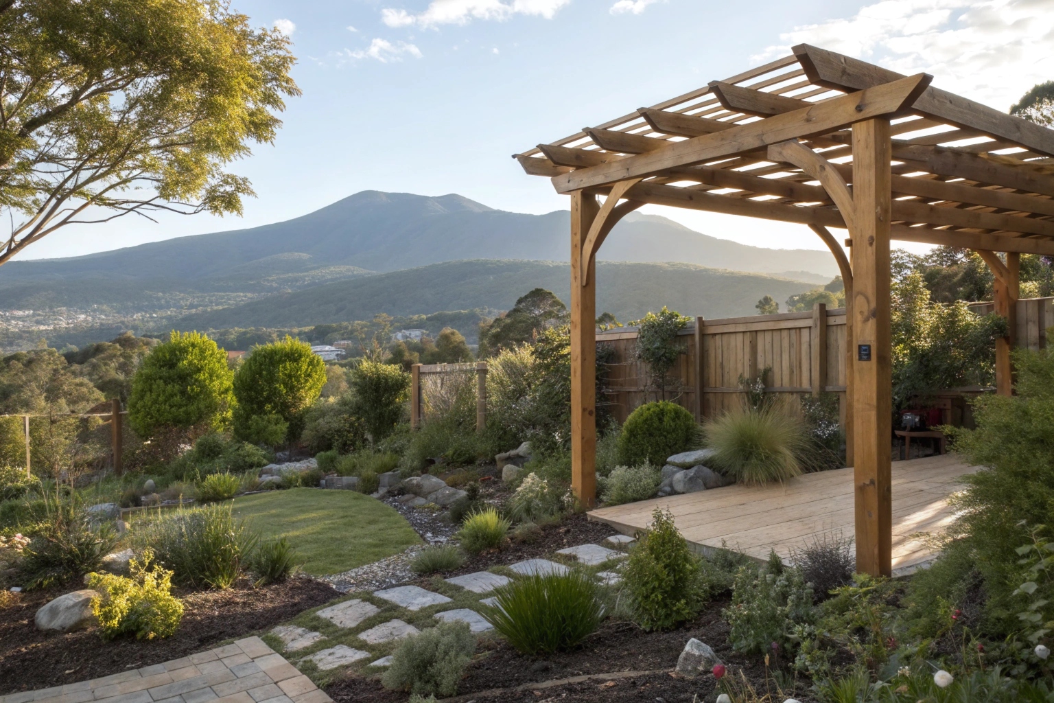 Custom timber pergola in Hobart backyard with mountain views