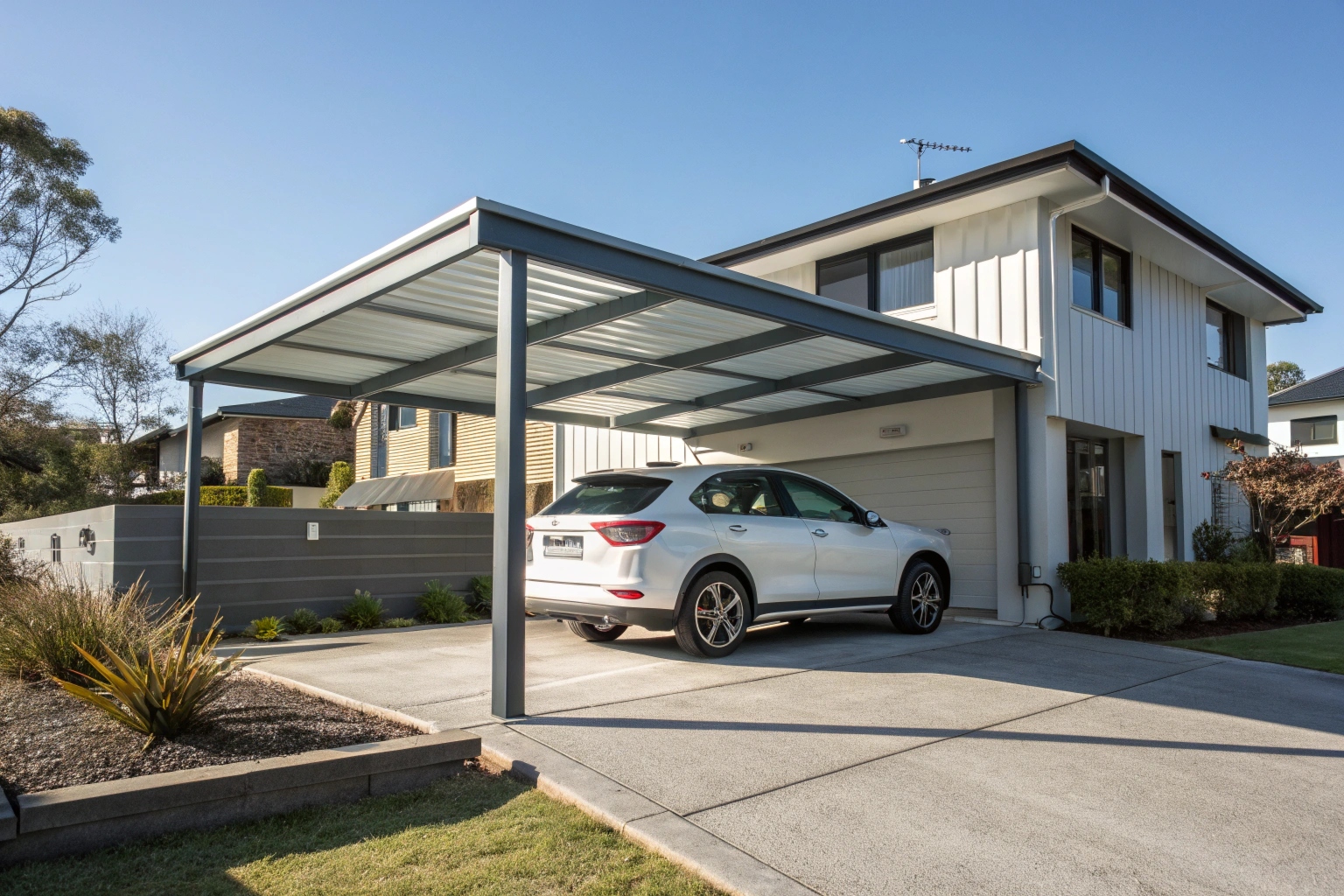 Modern carport protecting vehicle in Hobart residential property