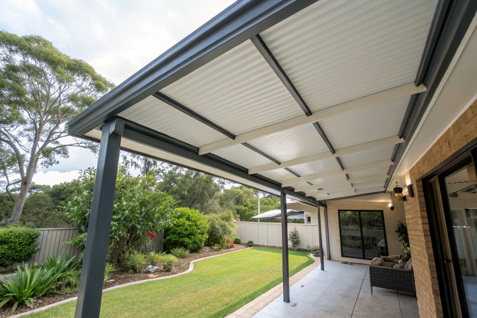 Quality aluminium framework and insulated roof panels for patio enclosure