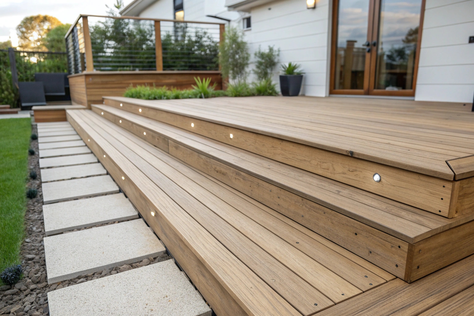 Quality treated timber decking boards on Hobart ground-level deck