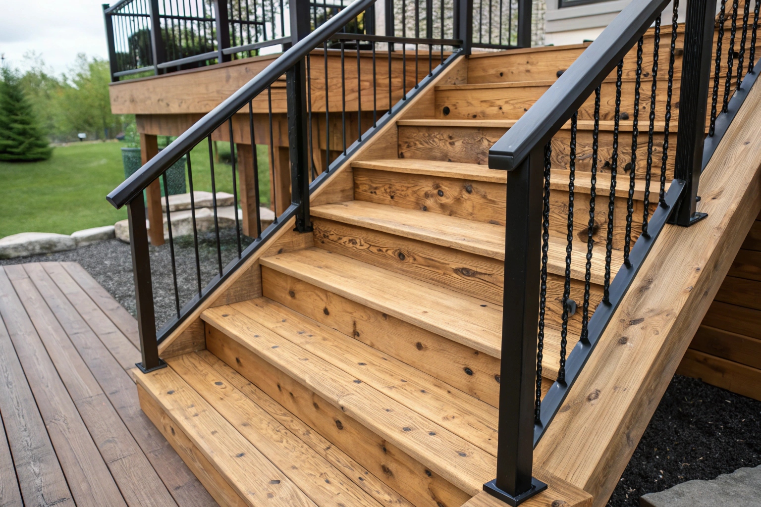 Deck stairs connecting multiple levels on Hobart hillside property