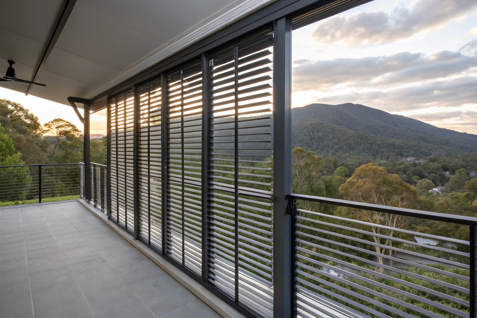 Adjustable louvred privacy screen on Hobart balcony with mountain views