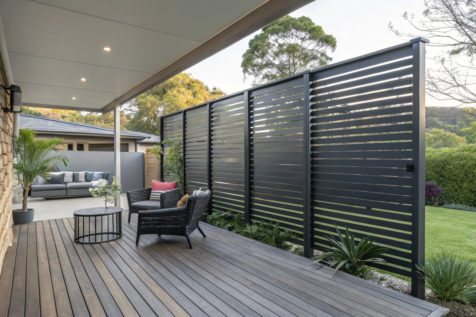 Modern aluminium privacy screen on Hobart deck creating outdoor entertaining space