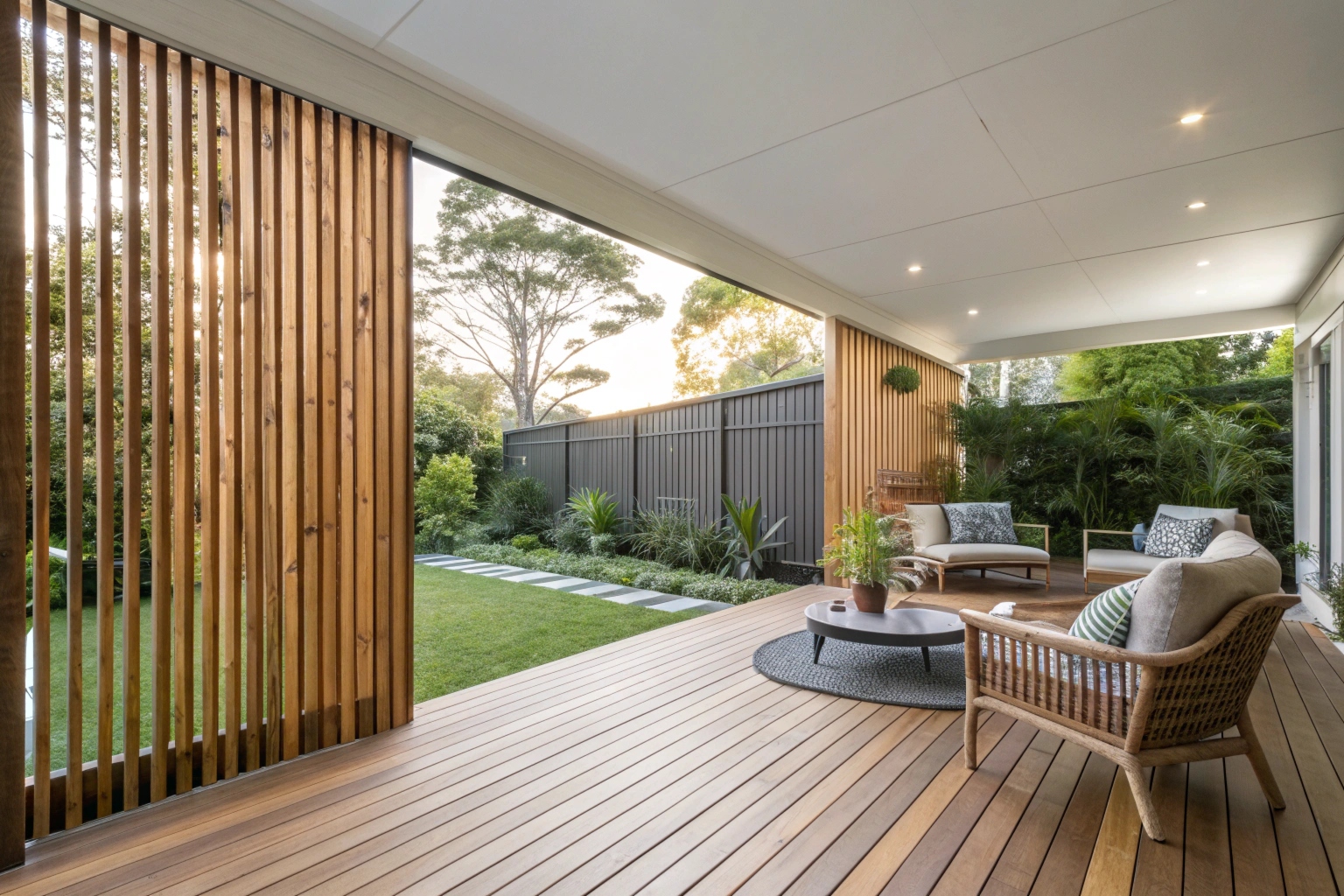 Timber slat deck privacy wall installed on residential deck in Hobart