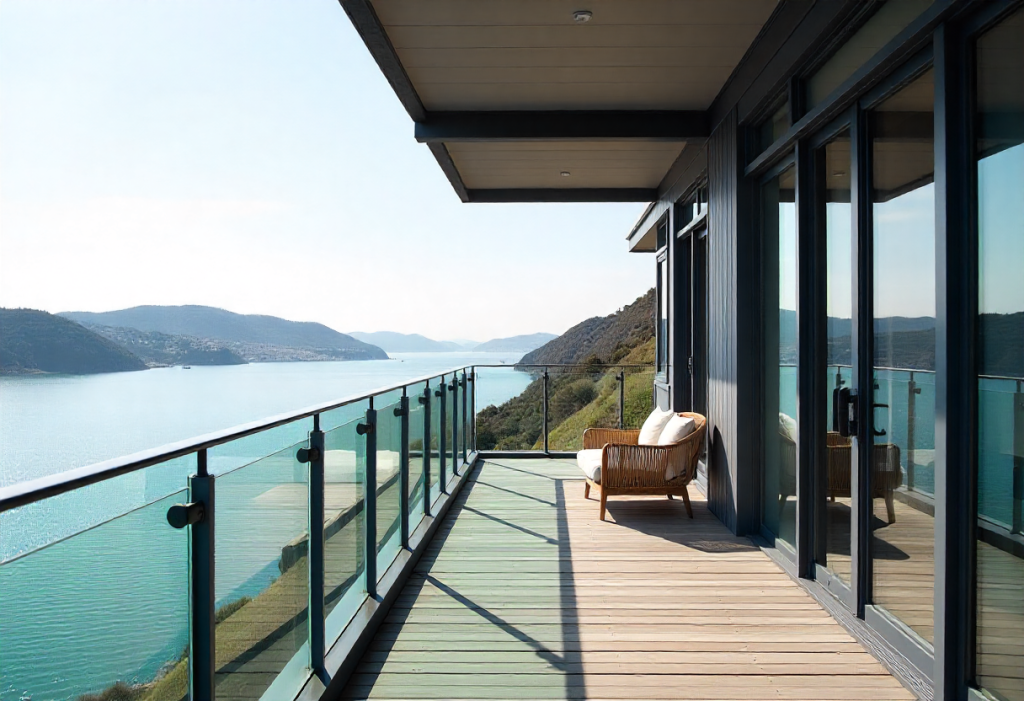 steel frame balcony construction with glass balustrade panels