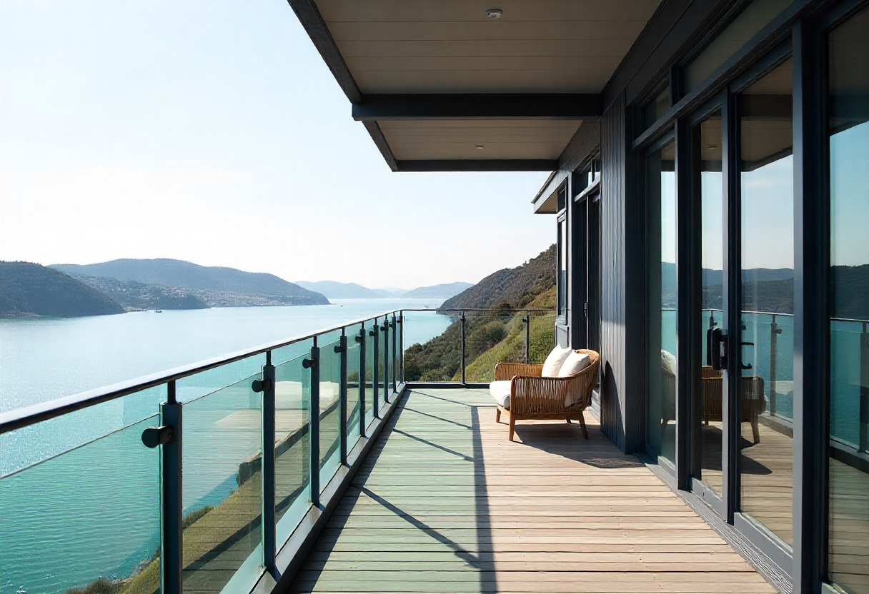 steel frame balcony construction with glass balustrade panels